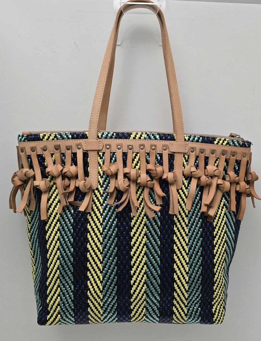 Consuela Cancun Frida Woven Tote Knotted Leather Fringe Bag Blue Yellow Rare